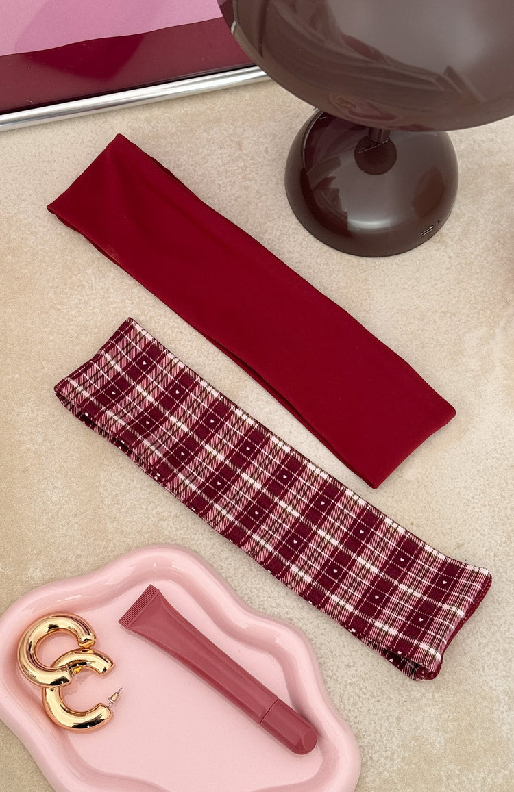 Staying Safe 2 Pack Headband Burgundy & Plaid