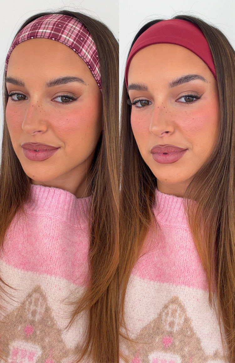 Staying Safe 2 Pack Headband Burgundy & Plaid