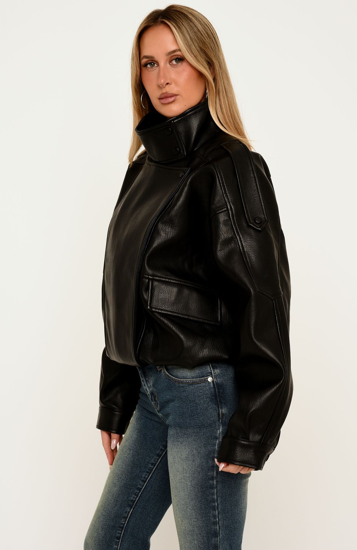 Arianna Funnel Neck PU Jacket Black